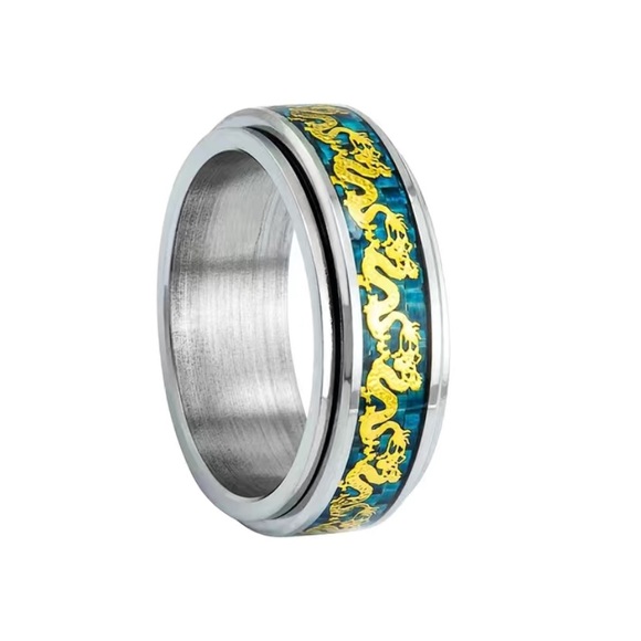 Men’s Stainless Steel Spinner Ring with Gold Dragon & Blue Carbon Fiber Inlay - Picture 3 of 5